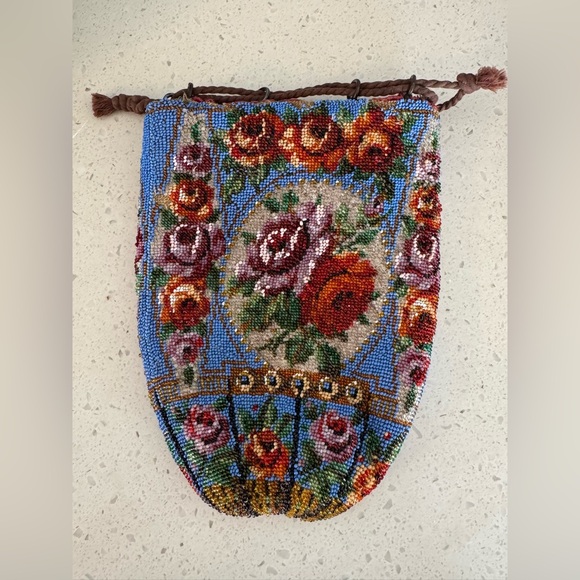 RARE 1890s Glass Beaded Cinch Bag w/Floral Pattern - Picture 12 of 16